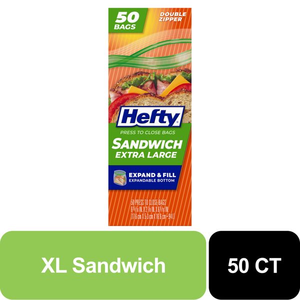Hefty Press to Close Extra Large Sandwich Bags, 50 Count