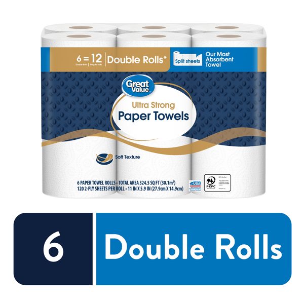 Great Value Ultra Strong Paper Towels, Split Sheets, 6 Double Rolls