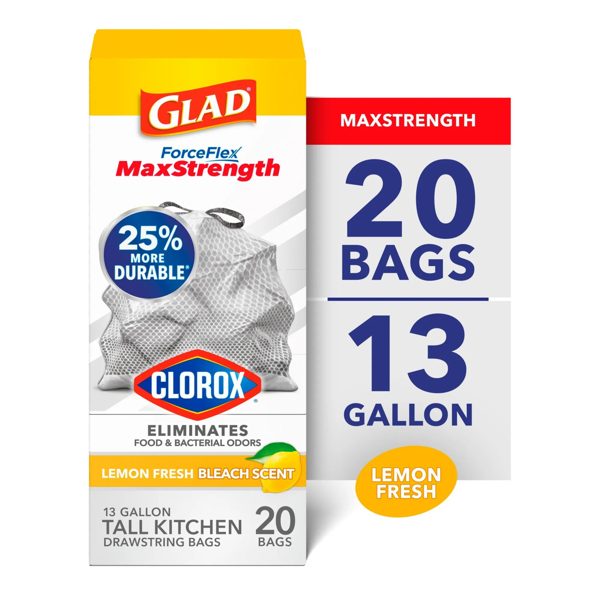 Glad ForceFlex MaxStrength 13-Gallon Drawstring Tall Kitchen Bags, Lemon Fresh Bleach Scent, 20 Bags