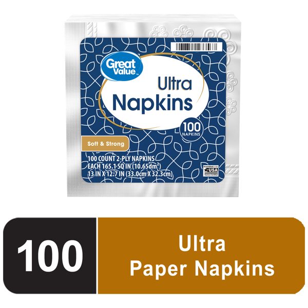 Great Value Ultra 2-Ply White Disposable Paper Napkins, 100 Count