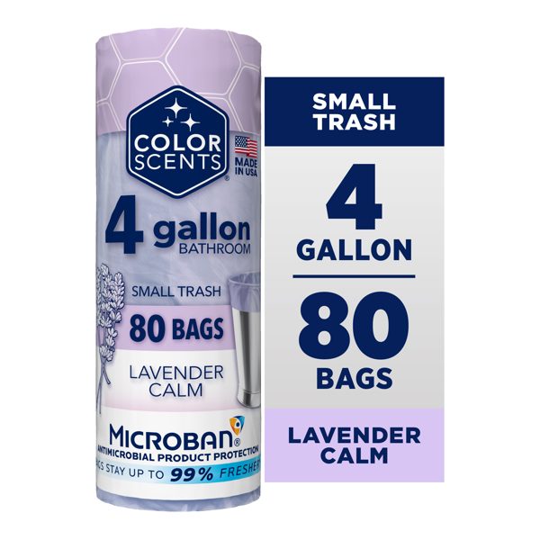 Color Scents 4 Gallon Bathroom Trash Bags Lavender Scent, Microban, Twist Tie, 80 Count