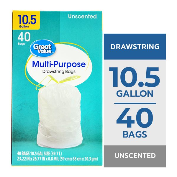 Great Value 10.5 Gallon Drawstring Trash Bag, Unscented, 40 Bags