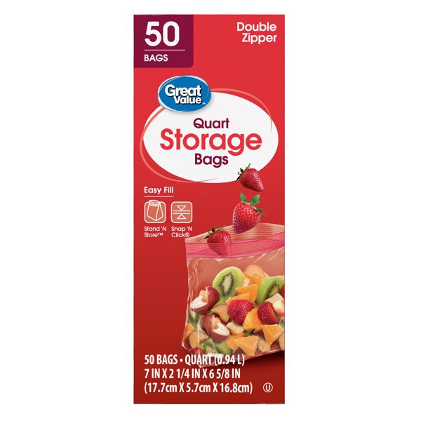 Great Value Fresh Seal Quart Double Zipper Storage Bags, 50 Count