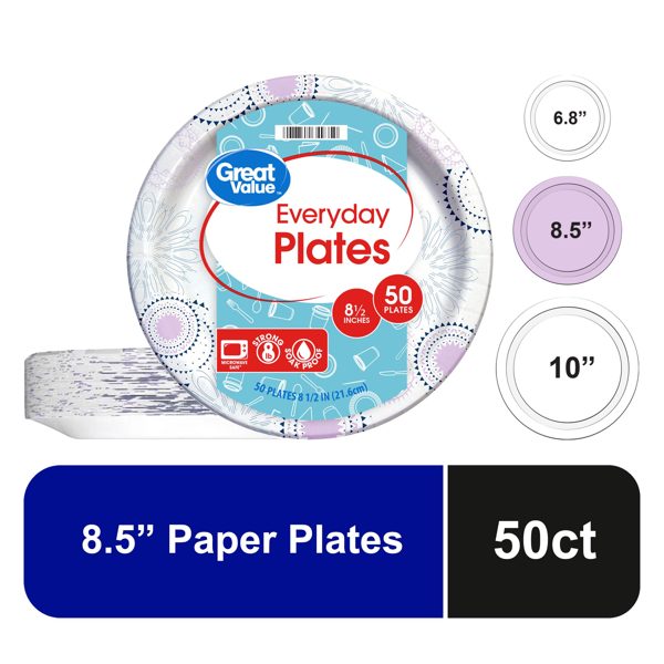 Great Value Everyday Paper Plates, 8.5", 50 Count