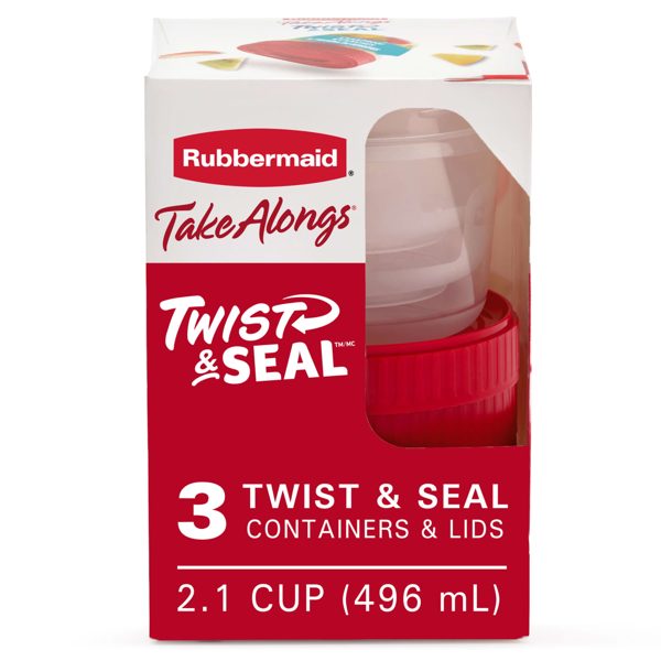 Rubbermaid TakeAlongs Twist & Seal 2.1 Cup Food Storage Containers, Ruby, 3-Pack