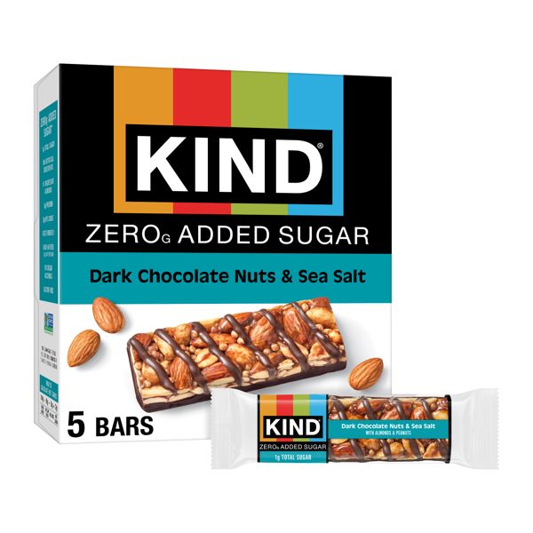 KIND Zero Added Sugar Bars, Dark Chocolate Nuts & Sea Salt, Gluten Free, 1g Sugar, 5 Count