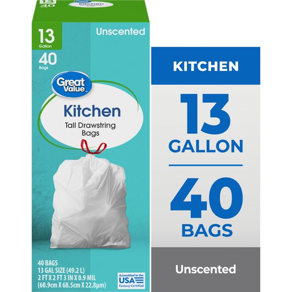 Great Value Tall Kitchen Trash Bags, 13 gal, Drawstring, Unscented, 40 Bags