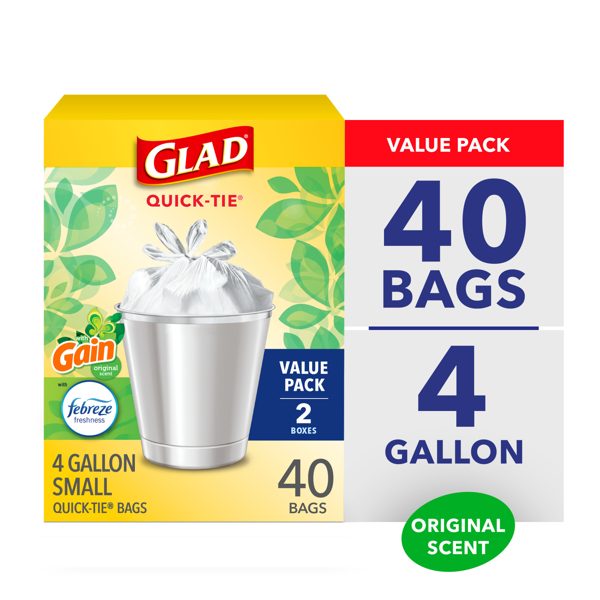 Glad Quick-Tie 4-Gallon Small Trash Bags, Gain Original Scent, 20 Bags, 2 Pack