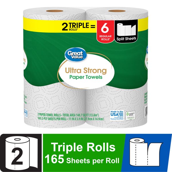 Great Value Ultra Strong Paper Towels, 2 Triple Rolls