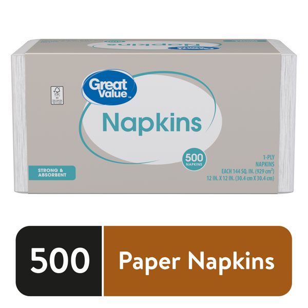 Great Value White Disposable Paper Napkins, 12 in x 12 in, 500 Count