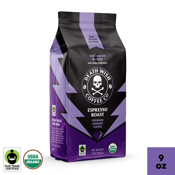 Death Wish Coffee Co., Organic and Fair Trade™, Ground Coffee, Espresso Roast, 9 oz