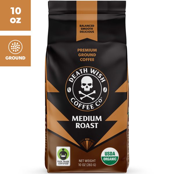 Death Wish Coffee Co., Organic and Fair Trade™, Ground Coffee, Medium Roast, 10 oz
