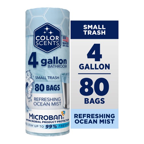 Color Scents 4 Gallon Bathroom Trash Bags Ocean Mist Scent, Microban, Twist Tie, 80 Count