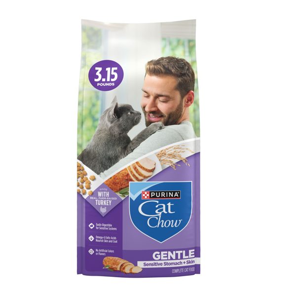 Purina Cat Chow Gentle Sensitive Stomach and Skin Dry Cat Food, Whole Grain, 3.15 lb Bag