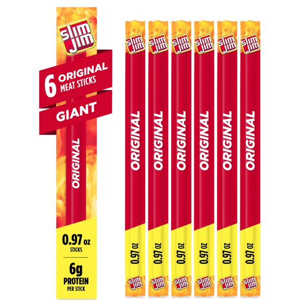 Slim Jim Giant Smoked Jerky Meat Sticks, Original Flavor, 6g Protein Per Stick, 0.97 oz. (6-ct)