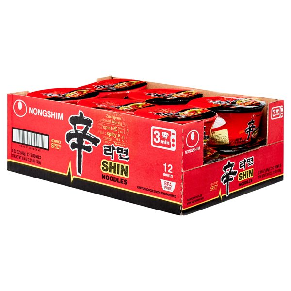 Nongshim Shin Ramyun Spicy Beef Ramen Noodle Soup Bowl, 3.03oz X 12 Count, Shelf-Stable