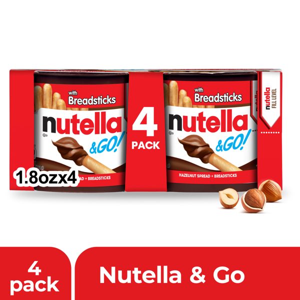 Nutella & GO! Chocolate Hazelnut Spread with Cocoa + Breadsticks, 4 Snack Packs, 1.8 oz Each