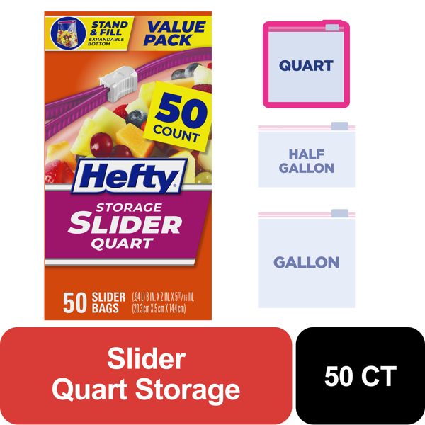 Hefty Slider Quart Storage Bags, 50 Count
