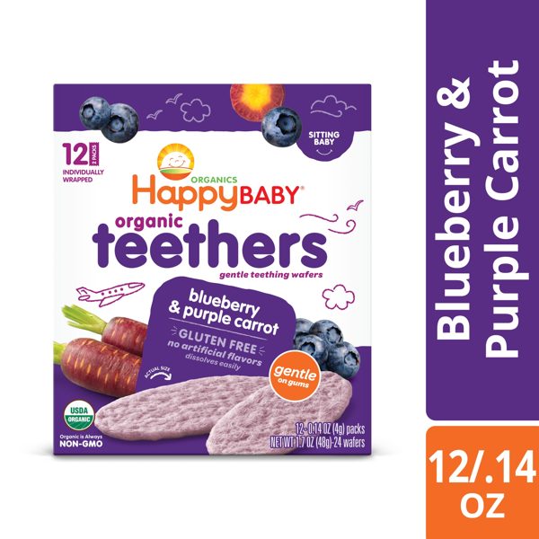 Happy Baby Organics Teethers Blueberry & Purple Carrot Gentle Teething Wafers, Gluten Free, 12 Count 2-Packs