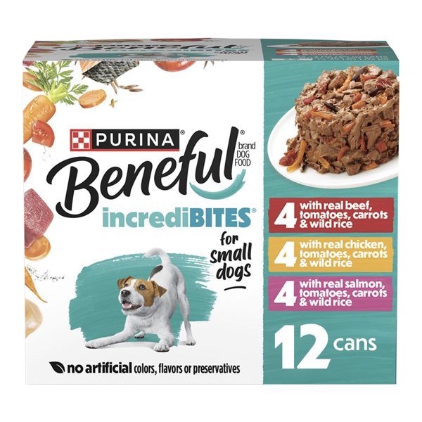 Purina Beneful incrediBITES Wet Dog Food with Beef, Chicken, Salmon Variety, 12-3 oz Cans​, 12 Pack