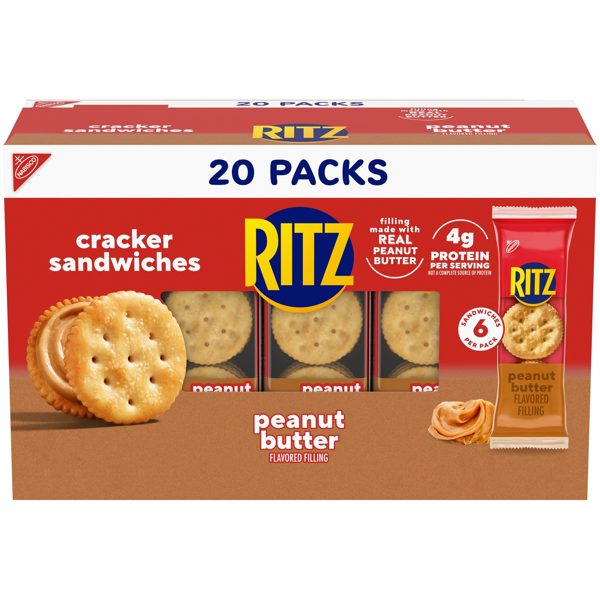 RITZ Peanut Butter Sandwich Crackers, 4g Protein, Lunch Snacks, 20 Snack Packs (6 Crackers Per Pack)