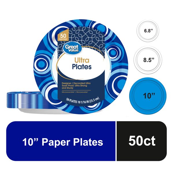 Great Value Ultra Paper Plates, 10 in, 50 Count