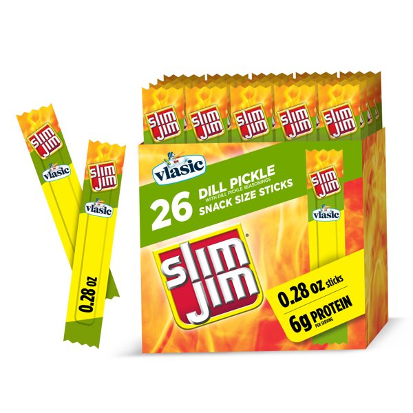 Slim Jim Smoked Jerky Meat Snack Sticks, Vlasic Dill Pickle Flavor, 6g Protein Per Serving, Halloween Snacks, 0.28 oz. (26-Count)