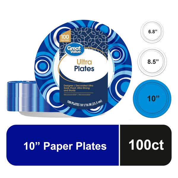 Great Value Ultra Disposable Paper Plates, 10 in, 100 Count