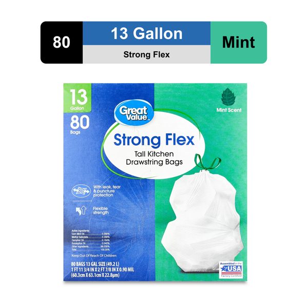 Great Value Strong Flex 13 gal Tall Kitchen Trash Bags, Drawstring, Mint Scent, White, 80 Count