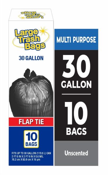 Basic Large Trash Bags, 30 Gallon, Flap Tie, 10 Bags