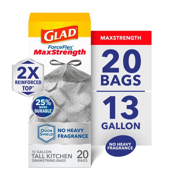 Glad ForceFlex MaxStrength OdorShield 13-Gallon Tall Kitchen Trash Bags, 20 Bags