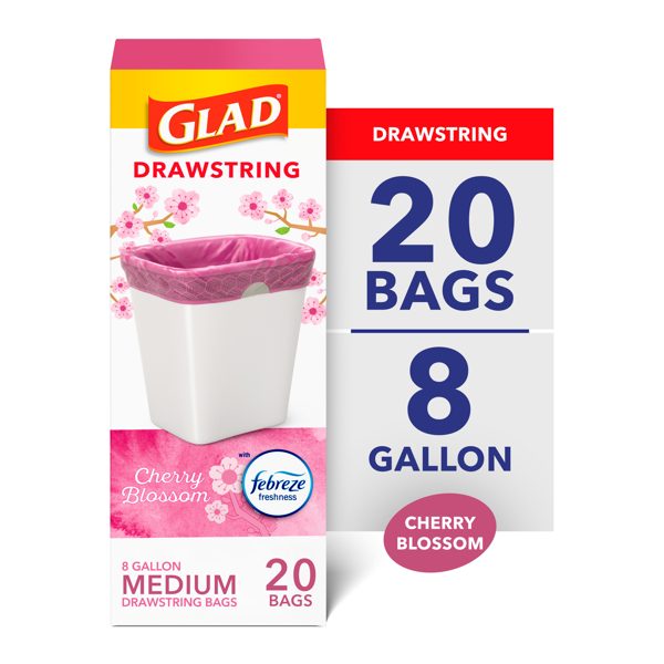 Glad 8-Gallon Pink Drawstring Medium Trash Bags, Febreze Freshness Cherry Blossom Scent, 20 Bags
