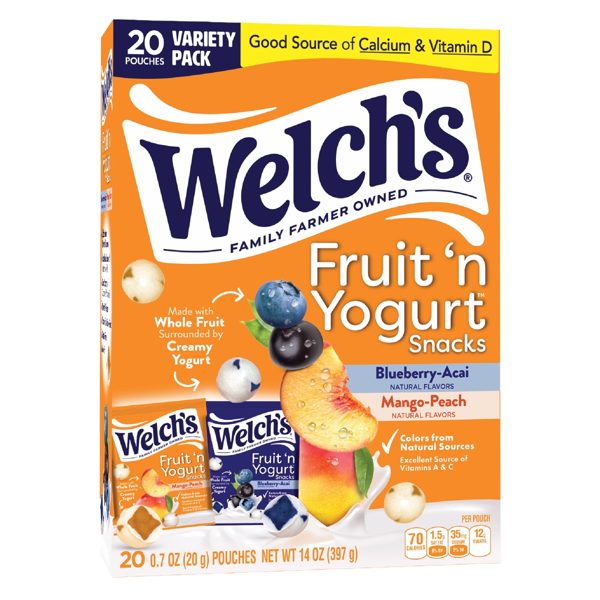 Welch's Fruit 'N Yogurt Snacks, Blueberry-Acai & Mango-Peach, Kids Snacks, 0.7 oz, 20 Count
