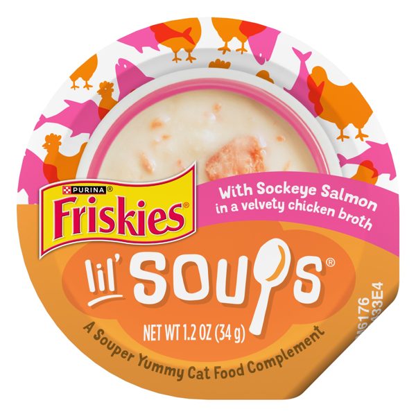 Purina Friskies Grain Free Lickable Cat Food Toppers Lil’ Soups With Sockeye Salmon in Chicken Broth, 1.2 oz Cups