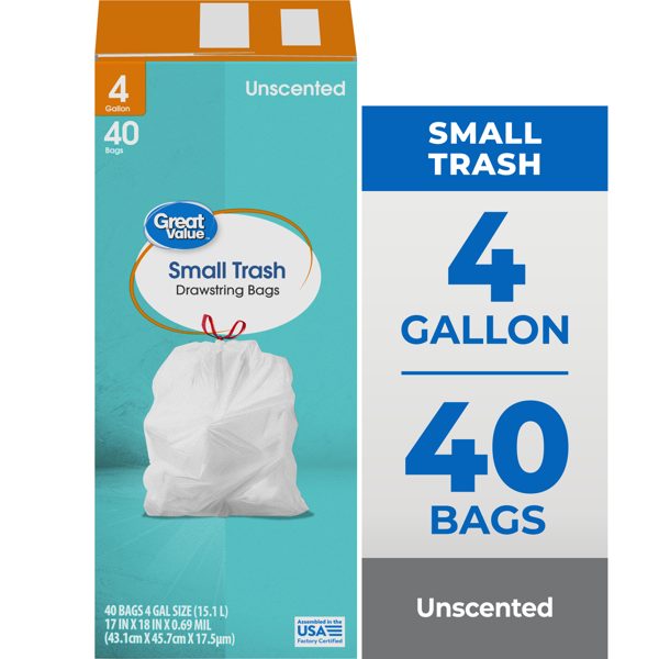 Great Value 4-Gallon Small Drawstring Trash Bags, 40 Bags