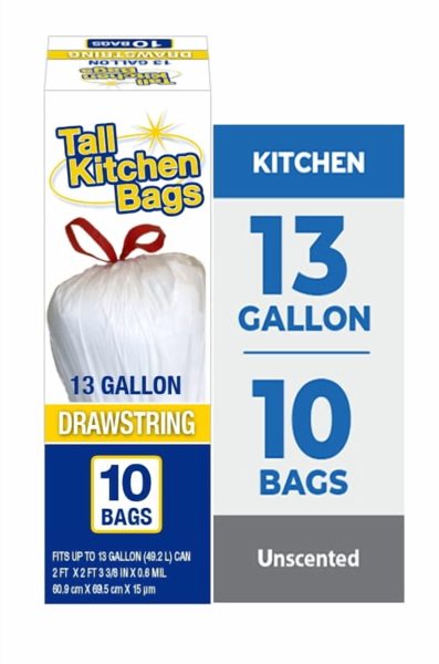 Basic Kitchen Trash Bags, 13 Gallon, 10 Bags (Drawstring)