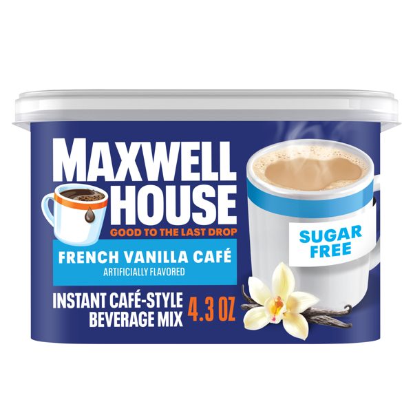 Maxwell House Instant Cafe-Style Beverage Mix, Sugar Free, Easy to Prepare, 1 Canister, for Quick Morning Coffee or Afternoon Treat, French Vanilla Cafe, Kosher Dairy, 4.3 oz
