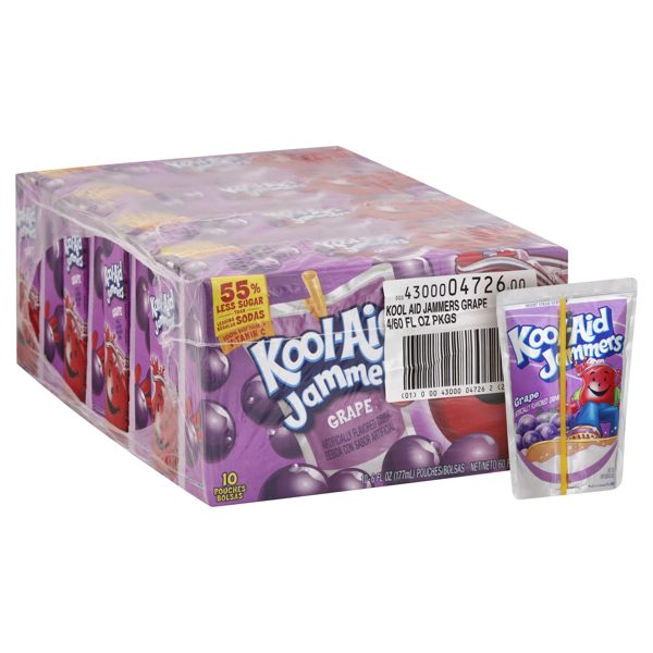 (4 pack) Kool-Aid Jammers Artificially Flavored Drink, 10 Pouches, for School Lunches and On-the-Go Hydration, Grape Flavor, Excellent Source of Vitamin C, 6 fl oz