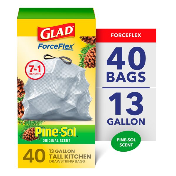 Glad ForceFlex 13-Gallon Drawstring Tall Kitchen Trash Bags, Pine-Sol Original Scent, 40 Bags