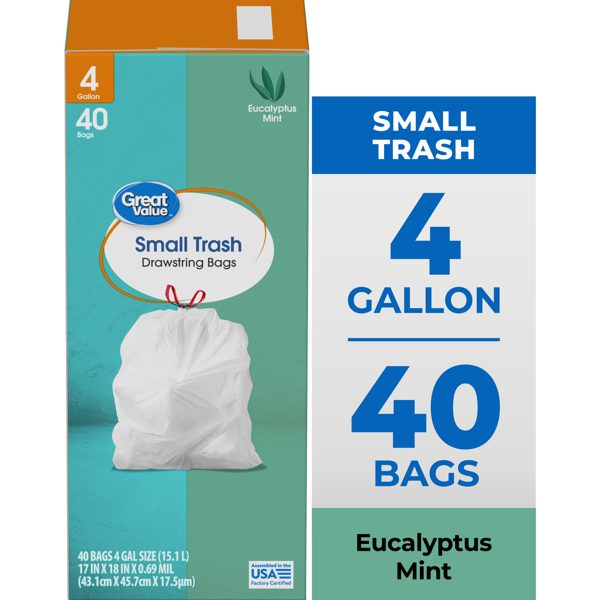 Great Value 4-Gallon Small Drawstring Trash Bags, Eucalyptus Mint Scent, 40 Bags