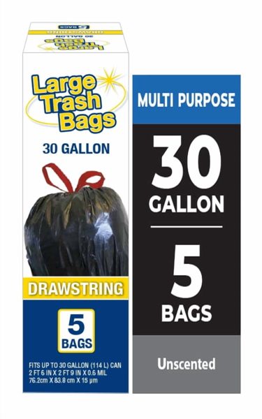 Basic Large Trash Bags, 30 Gallon, 5 Bags (Drawstring)