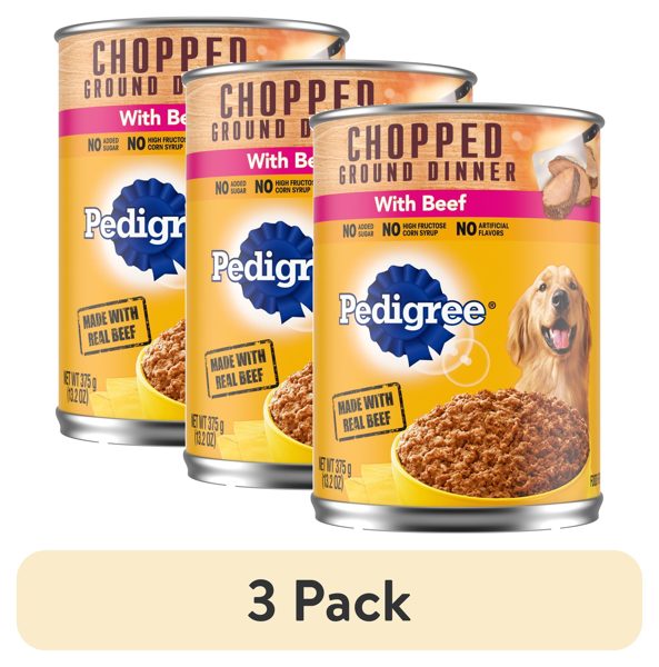 (3 pack) Pedigree Chopped Ground Dinner Wet Dog Food With Beef, Canned Dog Food, 13.2 oz. Cans