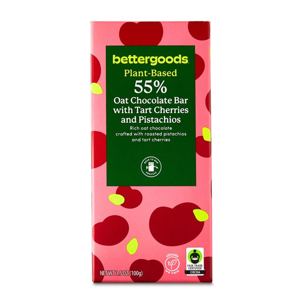 bettergoods Plant-based 55% Oat Chocolate Bar with Tart Cherries and Pistachios, 3.5 oz