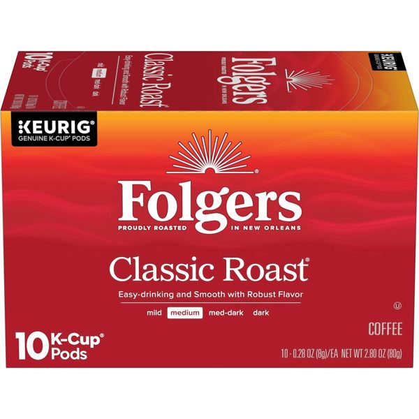 Folgers Classic Roast Coffee, Medium Roast, 10 K Cup Pods
