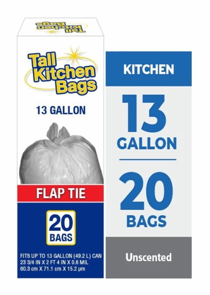 Top Job Basic Kitchen Trash Bags, 13 Gallon, 20 Bags (Flap Tie)