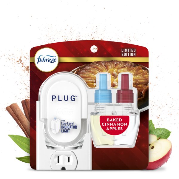 Febreze Plug Odor-Fighting Air Freshener Baked Cinnamon Apples, Starter Kit and 1 Refill, 0.87 fl oz