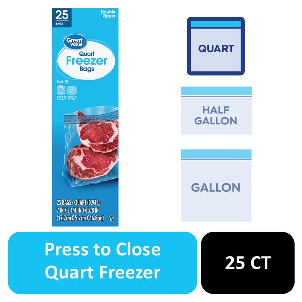 Great Value Freezer Guard Double Zipper Quart Freezer Bag, 25 Count