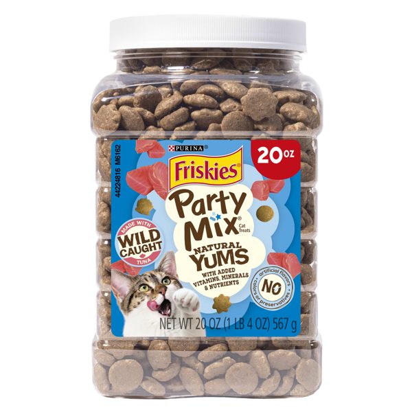 Purina Friskies Party Mix Natural Yums Tuna Flavor Crunchy Treats for Cats, 20 oz Canister, 3 Pack