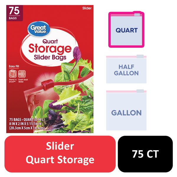 Great Value Fresh Seal Slider Zipper Quart Storage Bags, 75 Count