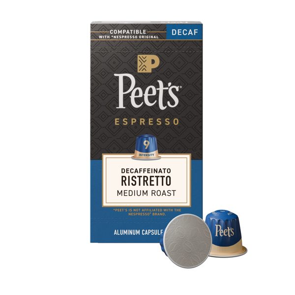 Peet's Coffee Decaffeinated Ristretto Premium Medium Roast Intensity 9 Espresso Capsules, 10 Count